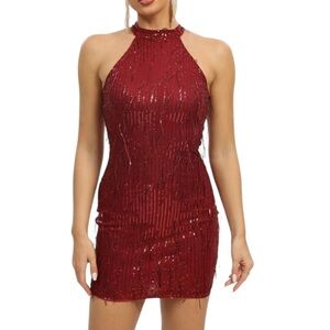 CRYBA Elegant Red Sequin Halter Dress.